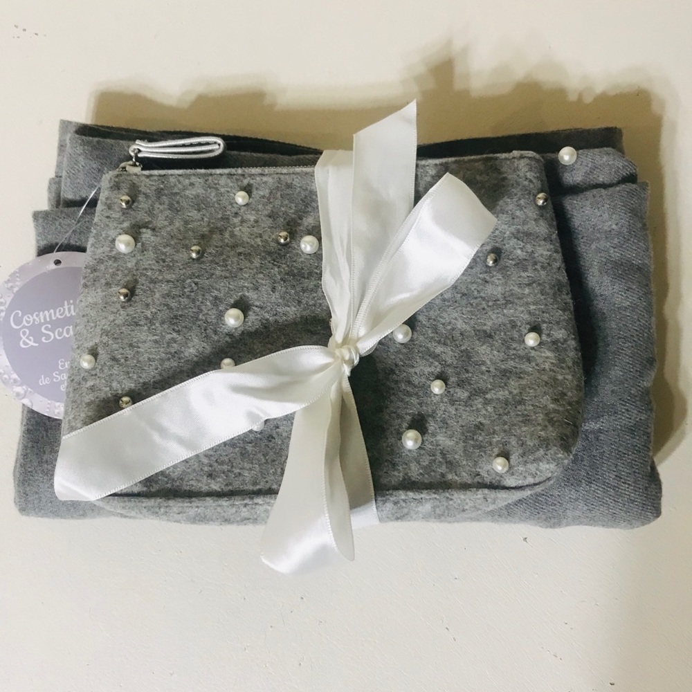 Gray Scarf/Pashminas & Make up bag with Pearls